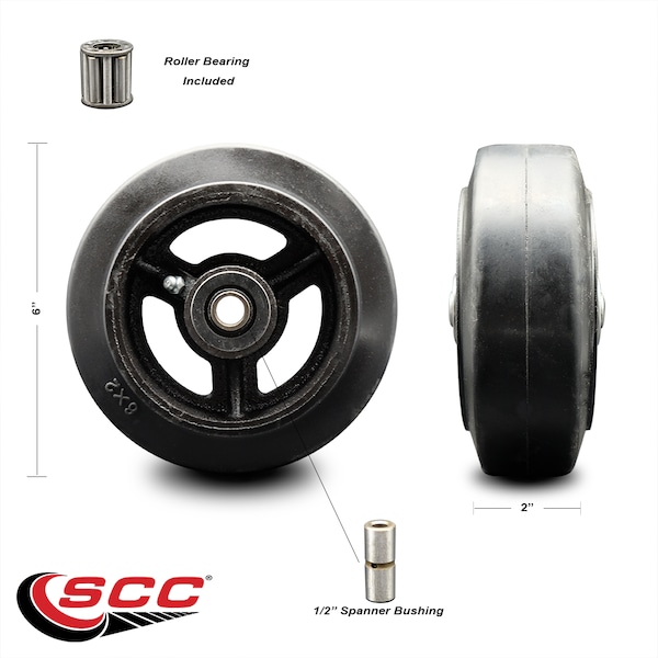 SCC - 6" Rubber on Cast Iron Wheel Only w/Roller Bearing-1/2" Bore-500 lbs Cpty